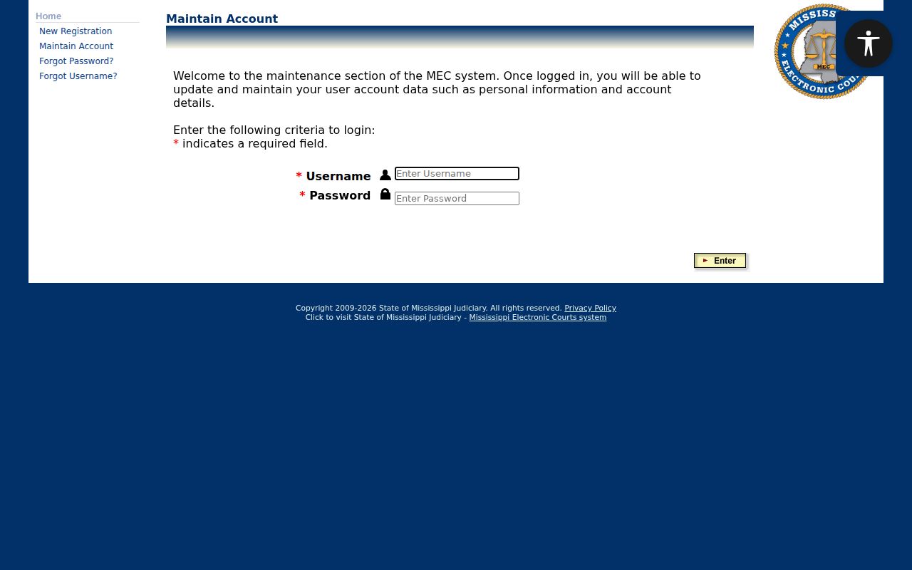 Tate County case search Mississippi Electronic Courts PAMEC registration page