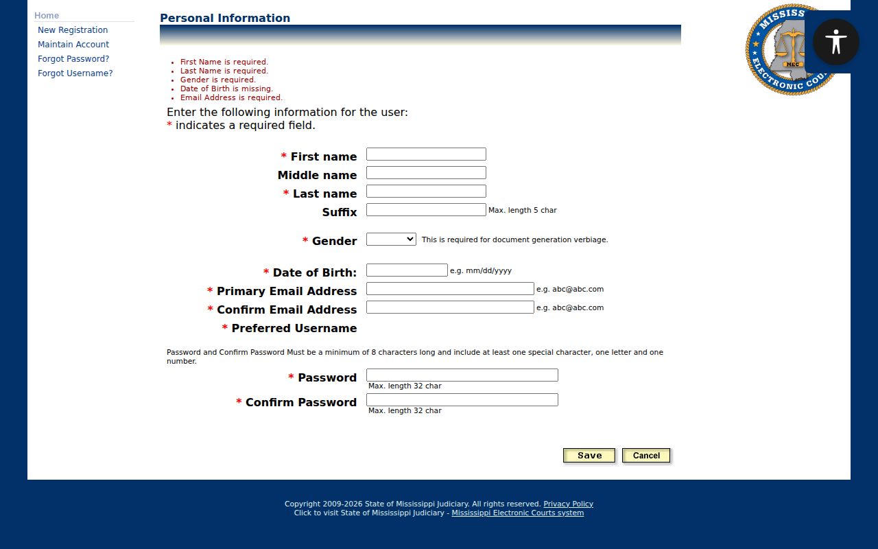 Tate County case search PAMEC personal information registration page