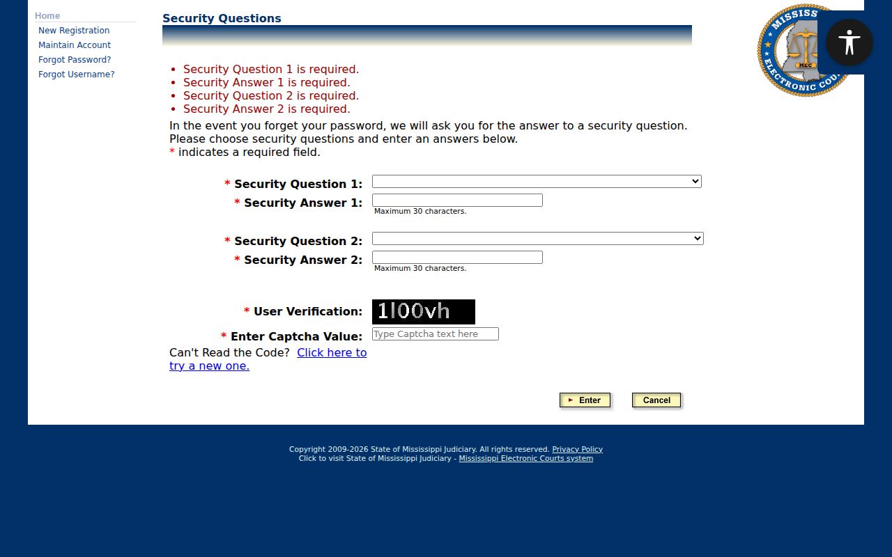 Tate County case search PAMEC security questions page