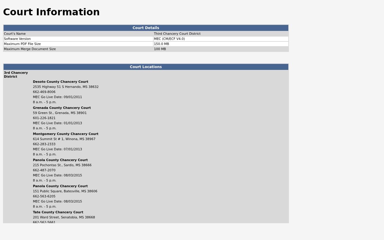 Tate County civil docket Chancery MEC Court Information page