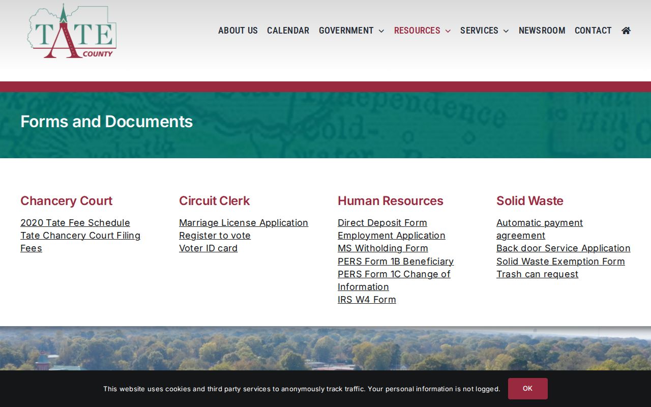 Tate County civil docket forms and documents page