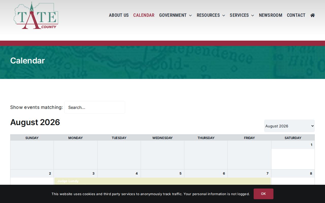 Tate County court date official county calendar page