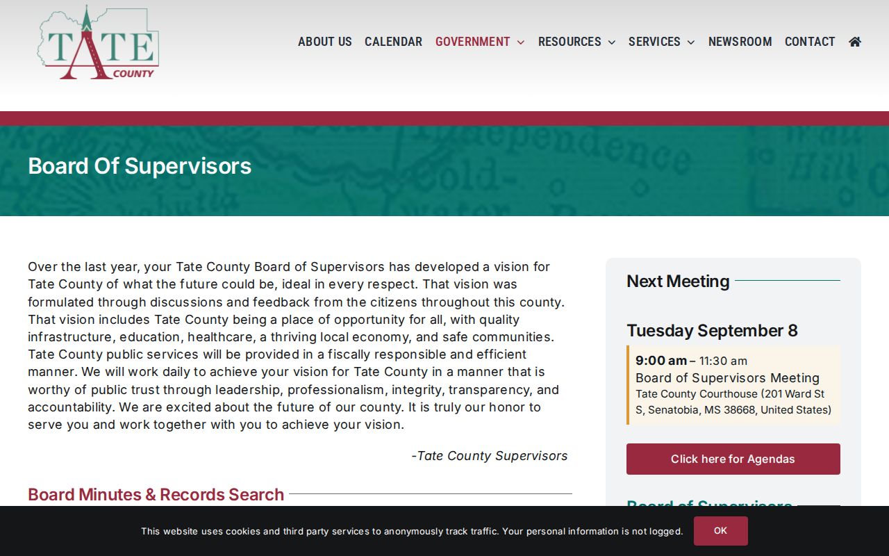 Tate County court record request source Board of Supervisors page