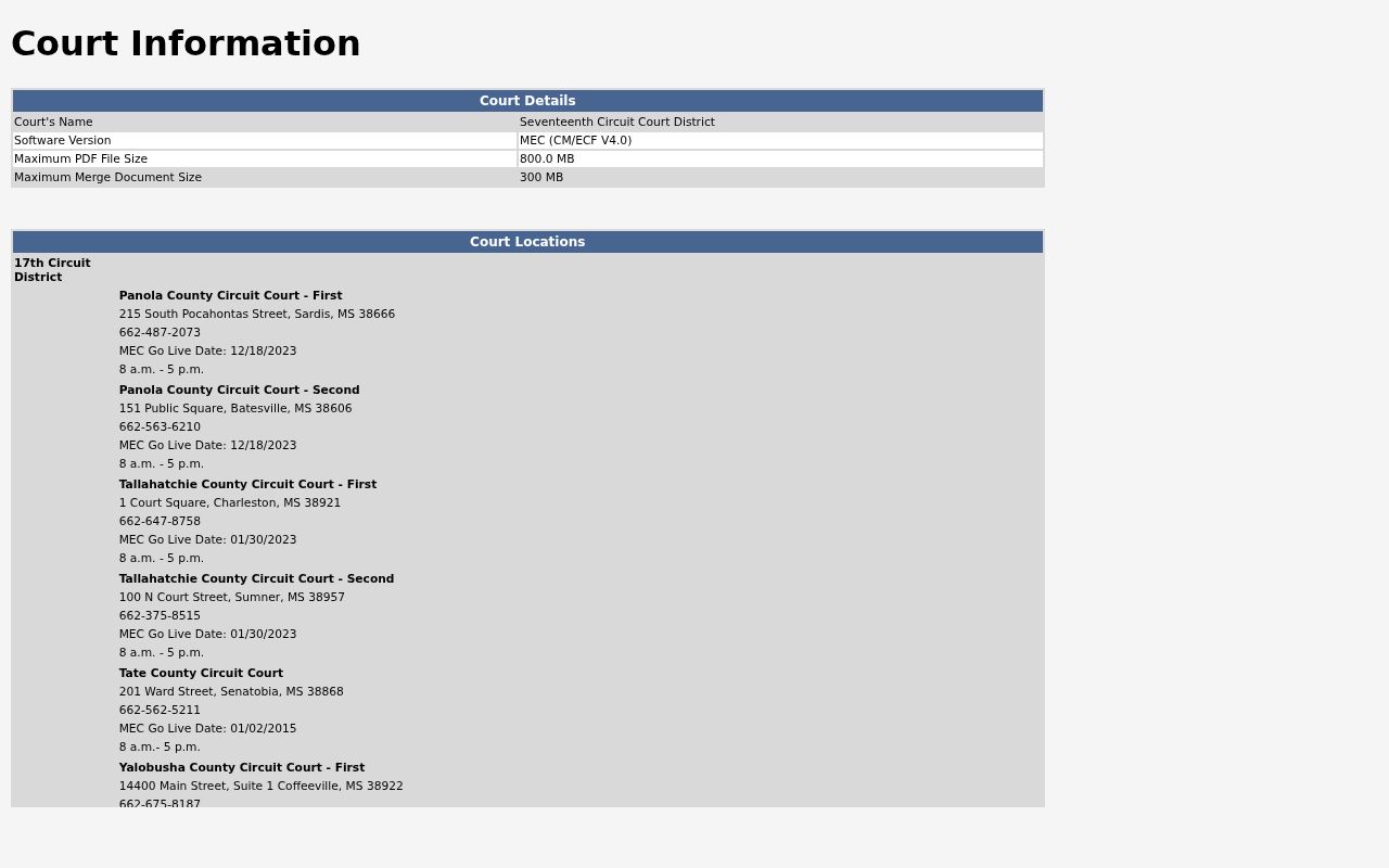 Tate County criminal docket 17th Circuit MEC Court Information page