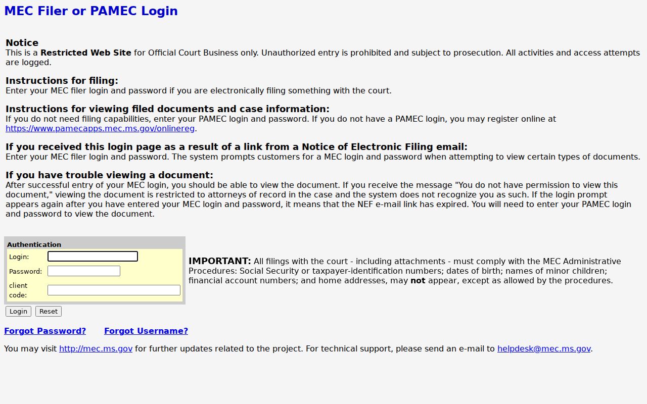 Tate County criminal docket 17th Circuit MEC query login screen