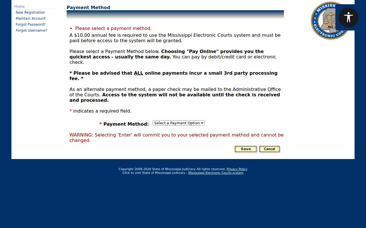 Tate County criminal docket PAMEC payment method page